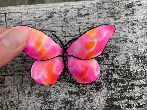 Vintage Enamel Butterfly Brooch Pink/Orange Rhine… - image 2