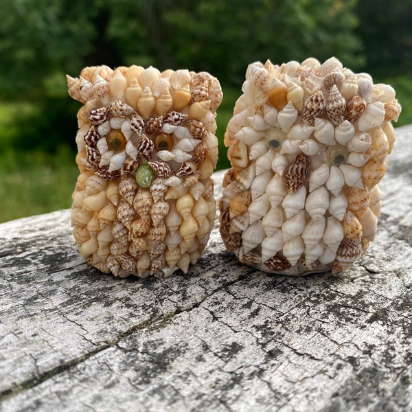 Vintage Seashell Owl Figurines - 2 | 2" Tall Natural Seashell Souvenir Folk Art Beach Shell Art 1960s 1970s 1980s Kitsch Some Broken