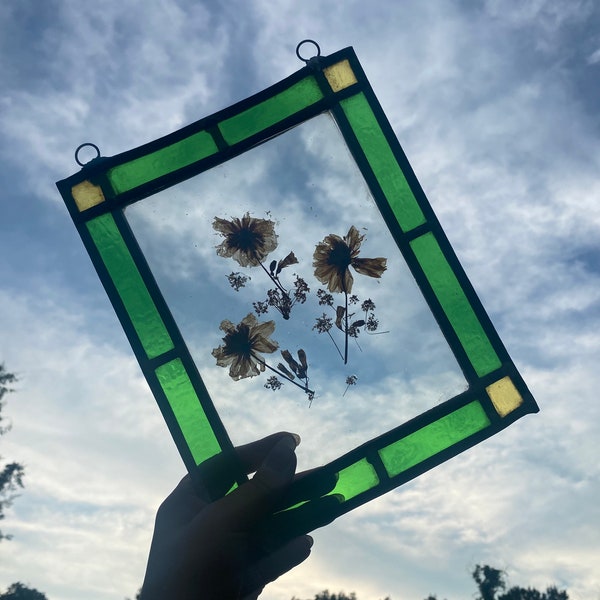 Stained Glass with Pressed Flowers Panel - Green Glass Real Flowers Hanging Vintage Dried Flower Window Decor Wall Hanging | See Description