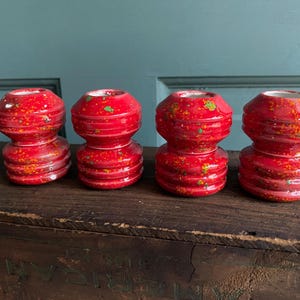 Vintage Red Ridged Macrame Beads | Vintage Glossy Glazed Macrame Beads | Set of 2 | Around 2&quot; Tall | Some Chipping