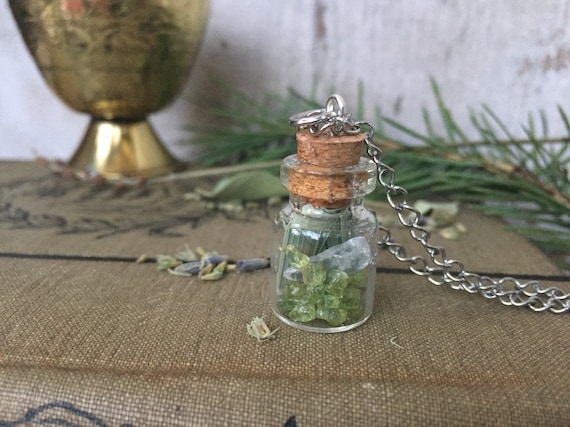 Glass Vial Necklace W/ Peridot, Clear Quartz, Mountain Mint, and