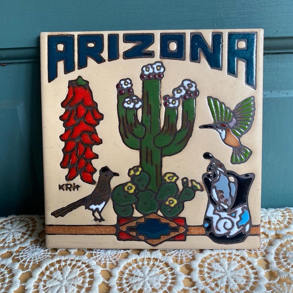 Vintage Earthtones Arizona Tile | Desert Themed Decor AZ Souvenir Hummingbird Saguaro Roadrunner Pottery
