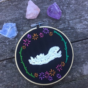 Raccoon Jaw Bone & Flowers Oddity Ready to Hang Original Freehand Embroidery Hoop Art | 100% Hand Embroidered, Freehand, All Original Design