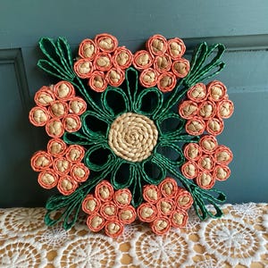 Vintage Pink & Green Square Straw Trivet | One 5.5&quot; x 5.5&quot; Vintage Raffia Straw Hot Pad Trivet Woven Style | Unique, Kitschy, Grandmacore