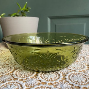 One Olive Green Vintage Daisy Embossed Bowl Textured Glass | Vintage Retro Kitschy Kitchen