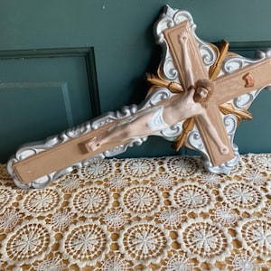 Glazed Ceramic Crucifix Cross | Vintage Cross Wall Hanger | Vintage Hand Painted Ceramic Wall Cross | 12.5&quot; x 7.5&quot;