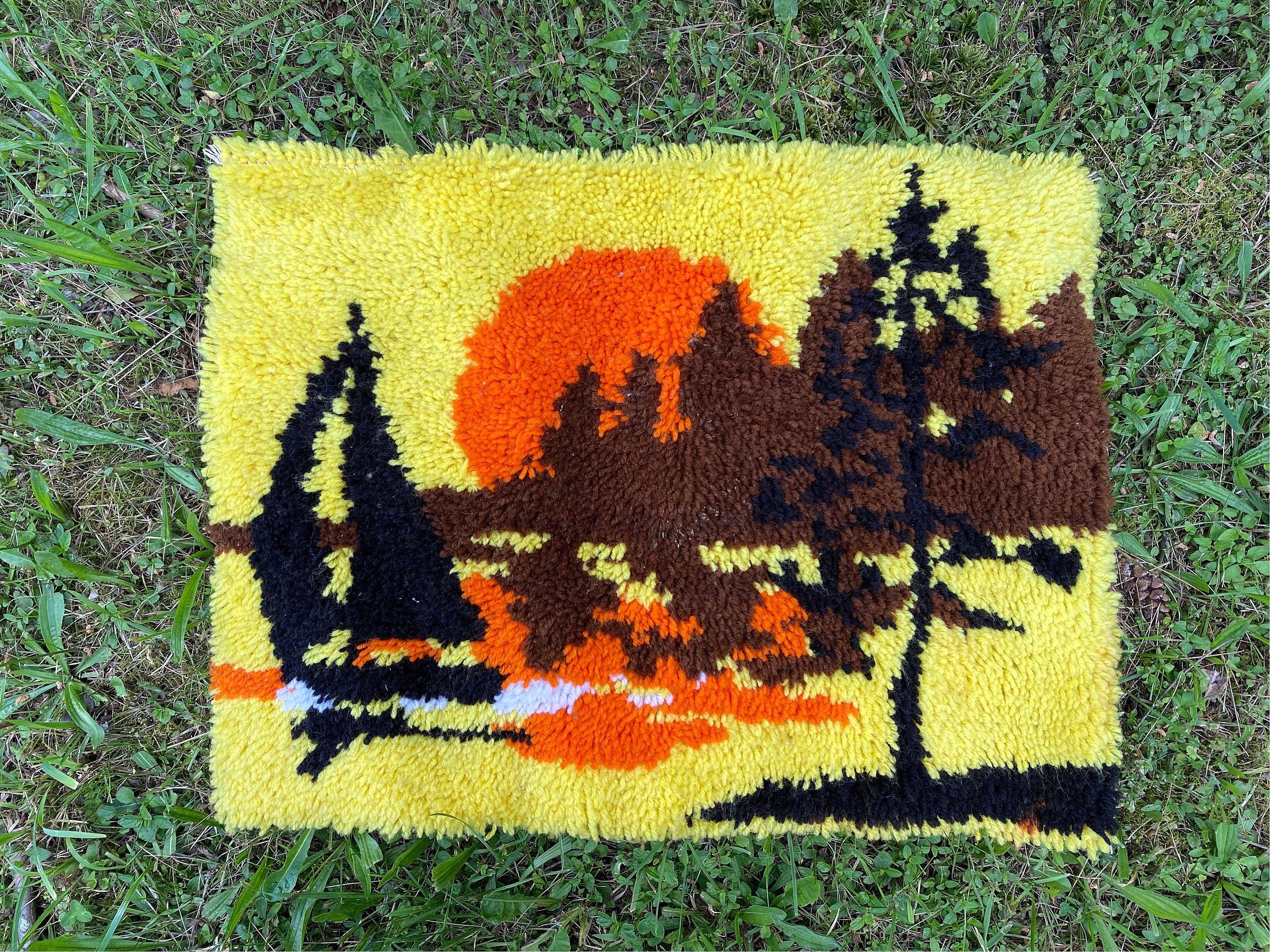 Vintage Orange Yellow Sailboat Shore Scene Hook Rug Shag Wall Hanging Vintage - Handmade Vintage Groovy Room Decor