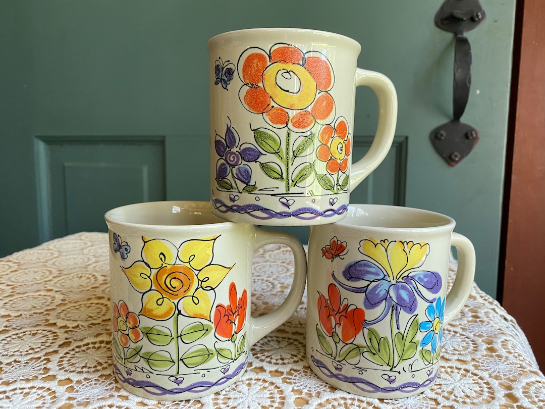 Stoneware Style Doodle Flower Mugs Glazed Colorful - Set of 3 Floral ...