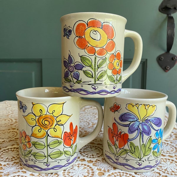 Stoneware Style Doodle Flower Mugs Glazed Colorful - Set of 3 Floral Flower Mugs | Tea Party Coffee Mug Cottagecore Flowercore | 3.5" Tall