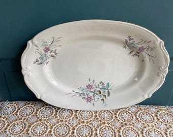 White Floral Platter/Serving Plate by Tulowice - Vintage, Crazing, Flowers Blue/Pink - 13" x 9"