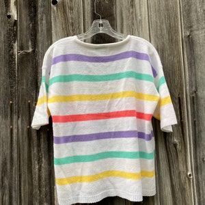 1980s 1990s Petite Pastel Rainbow White Vintage Sweater Seafoam Green Yellow Pink Purple image 1