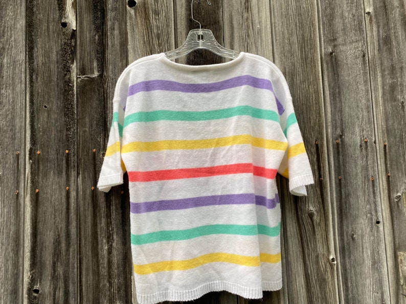 1980s 1990s Petite Pastel Rainbow White Vintage Sweater Seafoam Green Yellow Pink Purple image 1