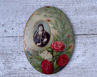 Antique Oval Rose Celluloid Style On Tin Woman Portrait in Fur - Missing Easel Back + Slight Water Damage