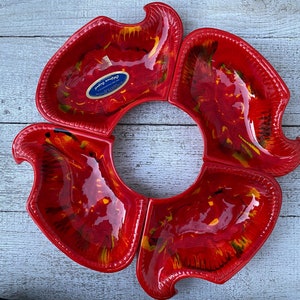 Vintage Red Chip/Dip Bowls MCM California Pottery USA Red Orange Flames - Missing Bowl