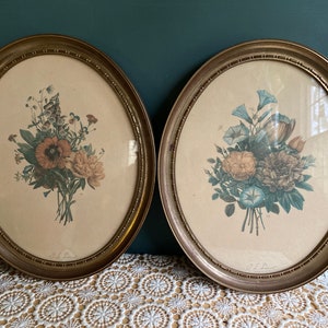 Vintage Floral Flower Bontanical Print Wall Decor | Oval Frame Cottagecore Art JL Provost | Water Staining