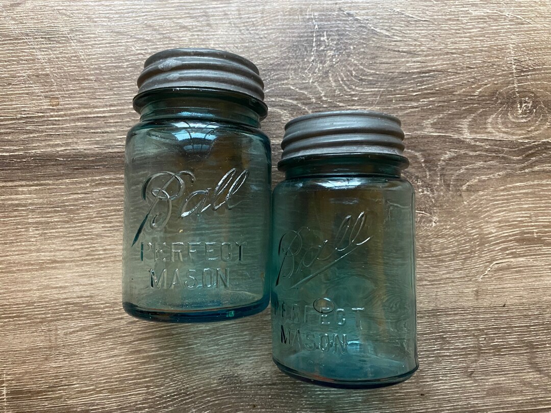 Light Blue Glass Ball Jars Zinc/porcelain Lids Marked Vintage Antique