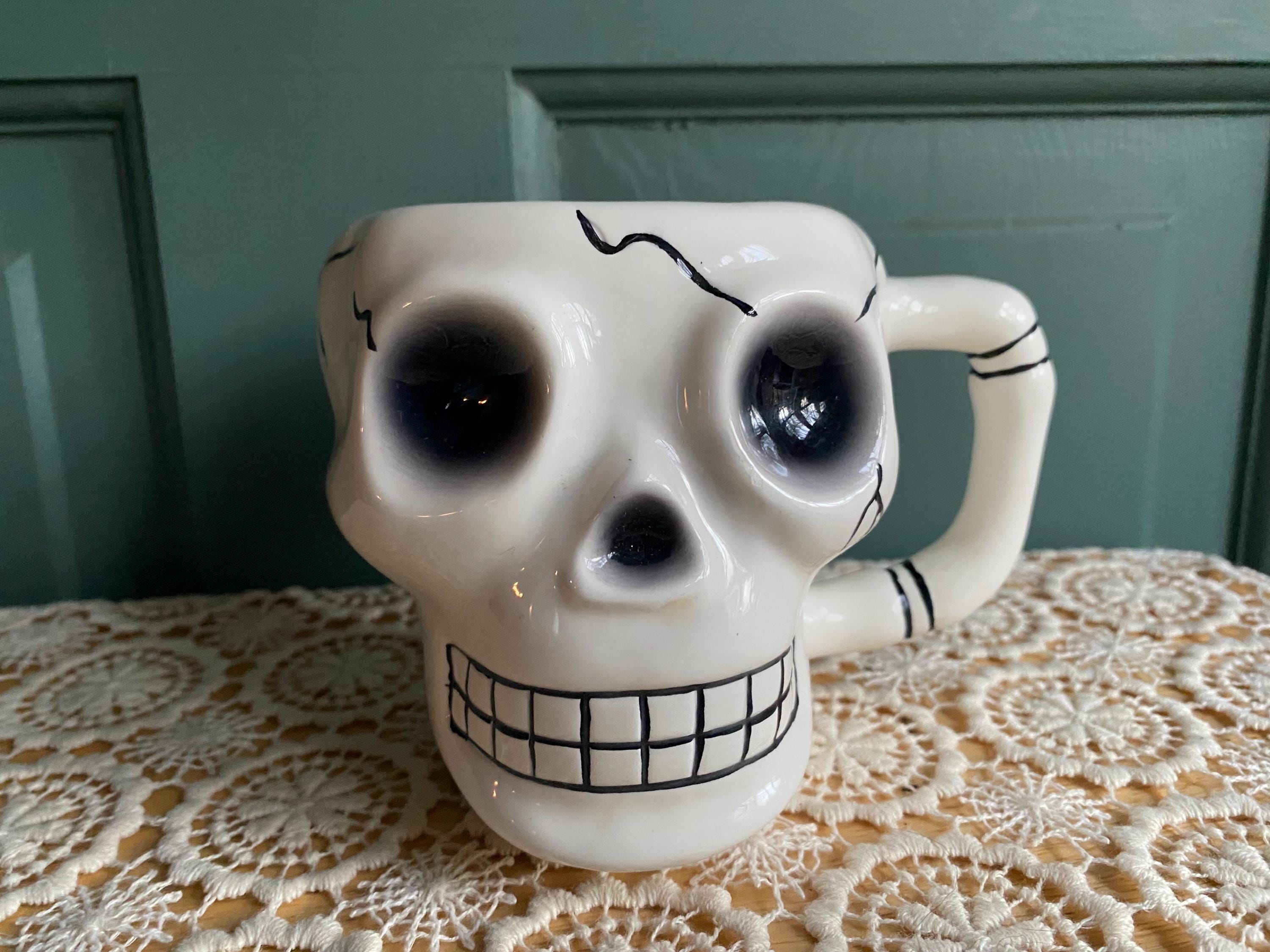 Vintage Skull Mug | Decorative Black & White Handled Skull