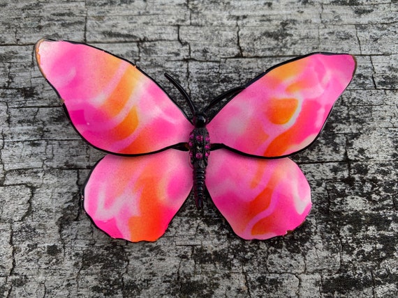 Vintage Enamel Butterfly Brooch Pink/Orange Rhine… - image 1