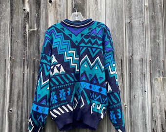 Vintage Blue Knit Sweater Vintage 1980s-1990s Geometric Design Sweater McGregor Brand 100% Acrylic