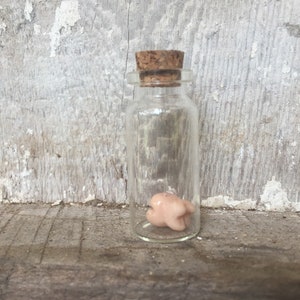 May include: A small glass bottle with a cork stopper, containing a pink ceramic figurine. The bottle is sitting on a wooden surface.