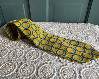 53.5" Vintage Smiley Face Neck Tie | | 100% Polyester | Blue and White Woven Vintage Tie