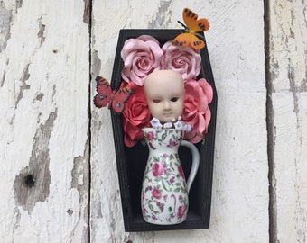 Coffin Shadowbox Wall Hanging With Doll Head, Faux Roses, Butterflies and Trinkets