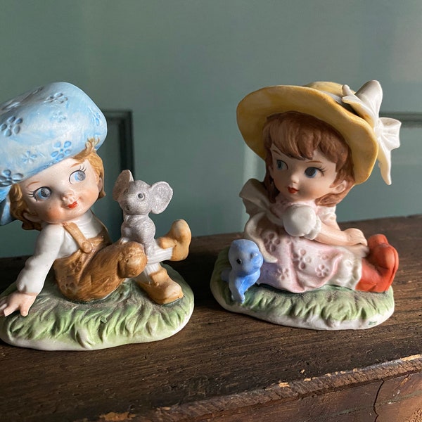 Two Lefton Children In Bonnet Figurines |  Cottagecore Pastel Decor Figurines Knick Knacks | 01529 | One Cracked / Repaired - Please Read