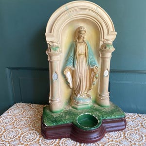 Mary Chalkware Statue Altar TLC | Vintage Mantel Altar Piece Candle Holder | 12.5&quot; Tall | SOME CHIPS! Please Read