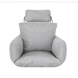 May include: A grey chair cushion with a matching headrest. The cushion has a thick, padded seat and back, and the headrest is attached to the back of the cushion with ties.