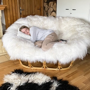 Luxurious Genuine Sheepskin Mamasan Double Papasan Cushion - Soft and Cozy Seat Pad Warm Seating | Pad for Two | Fluffy Rattan Chair Cushion