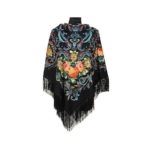 Big folk SCARF shawl with flowers and fringes, vintage scarf,  folk pattern POLISH scarves fashion colors