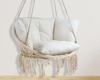 Macrame Hammock Chair with Color Cushion |  Pillow for Round Swing Hammock Chair | Boho Macrame Swing Chair Set | Outdoor And Indoor