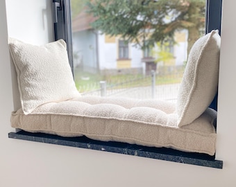Boucle Bench Cushion + 2 pillows - Custom Size Tufted Window bench cushion - Jacquard Indoor Bench Cushion - floor sofa - Entryway Pillow