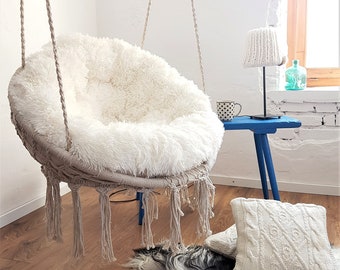 Hanging Chair + Soft Fluffy Pillow + fixing of a swing, macrame swing and Shaggy cushion, Boho Home Swing, hanging chair for the bedroom