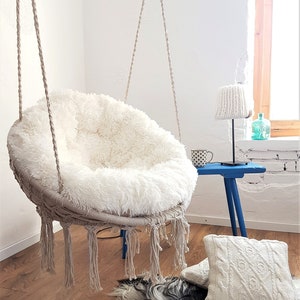 Hanging Chair + Soft Fluffy Pillow + fixing of a swing | Macrame Boho swing & Shaggy cushion | Indoor Swing  Hammock Chair with Cushions