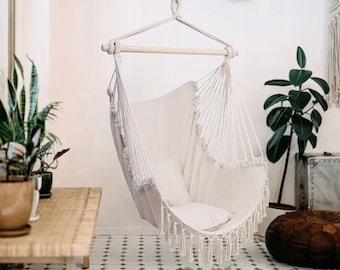 Silla hamaca, 2 almohadas, estilo Boho, silla colgante de algodón, Columpio Macramé, Hamaca de terraza, Silla de jardín brasileño, Columpio de dormitorio