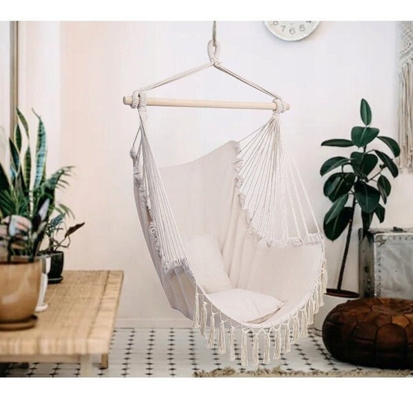 Hammock chair, 2 pillow, Boho styl, cotton Hanging chair, Macramé Swing, Terrace hammock, Brazilian Garden chair, Bedroom swing