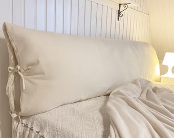 Cotton Headboard Bed Pillow - Natural tie-on headboard pillow - Reading Wedge Cushion - king queen headboard - Boho scandi bedroom cushion