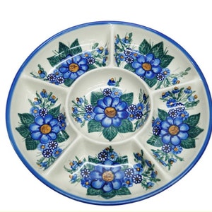 Round dish, divided, hand-painted ceramic plate, polish stoneware Boleslawiec, wedding gift ,vintage platter rustic Bunzlau pottery