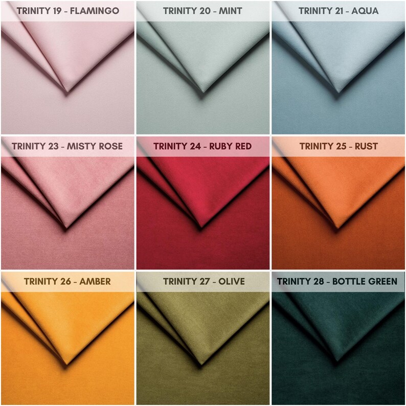 May include: Nine fabric swatches in a variety of colours, including flamingo, mint, aqua, misty rose, ruby red, rust, amber, olive, and bottle green. Each swatch is labelled with its colour name and a Trinity number.