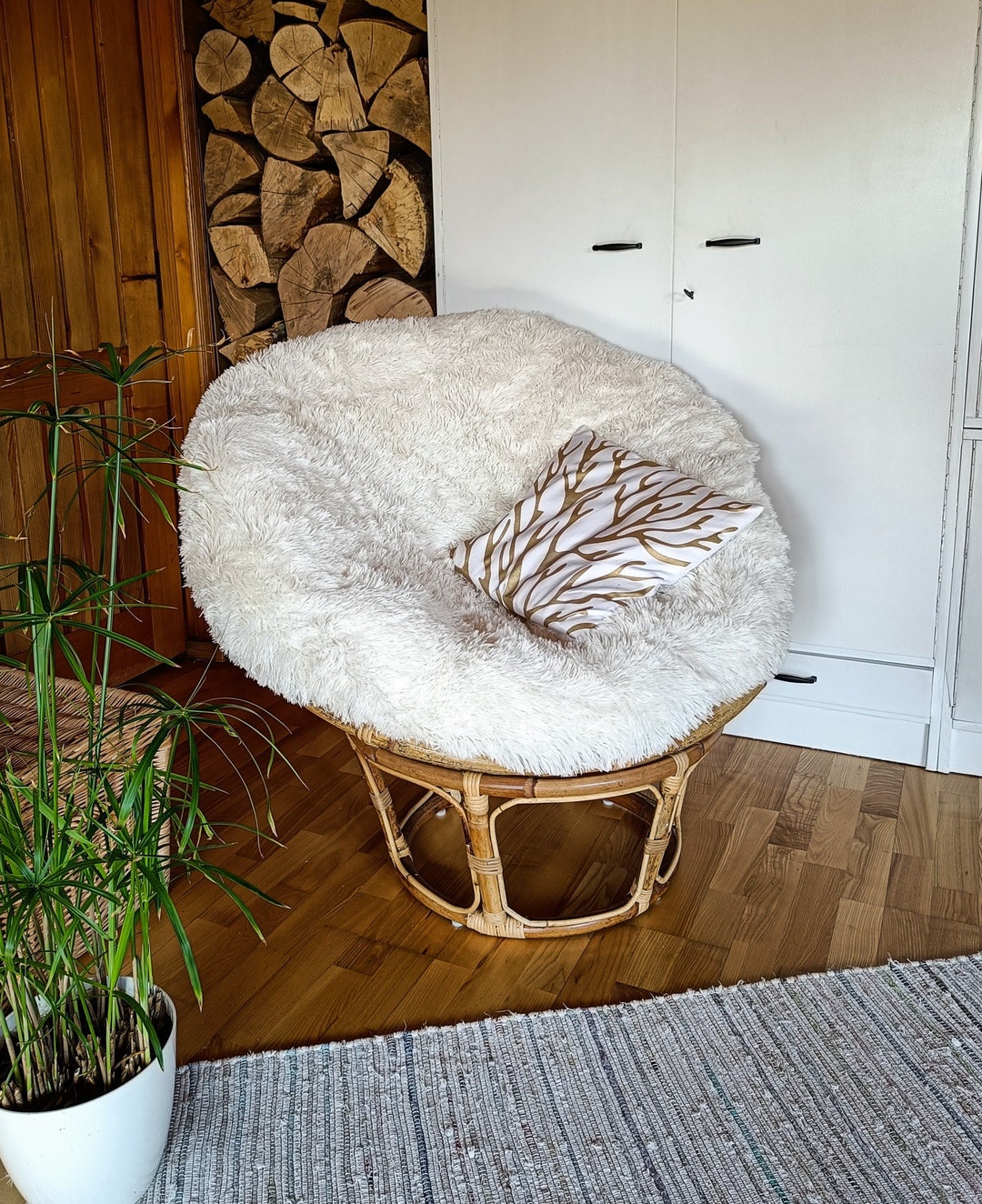 Frosted Latte Faux Fur Textured Papasan Chair Cushion - World Market