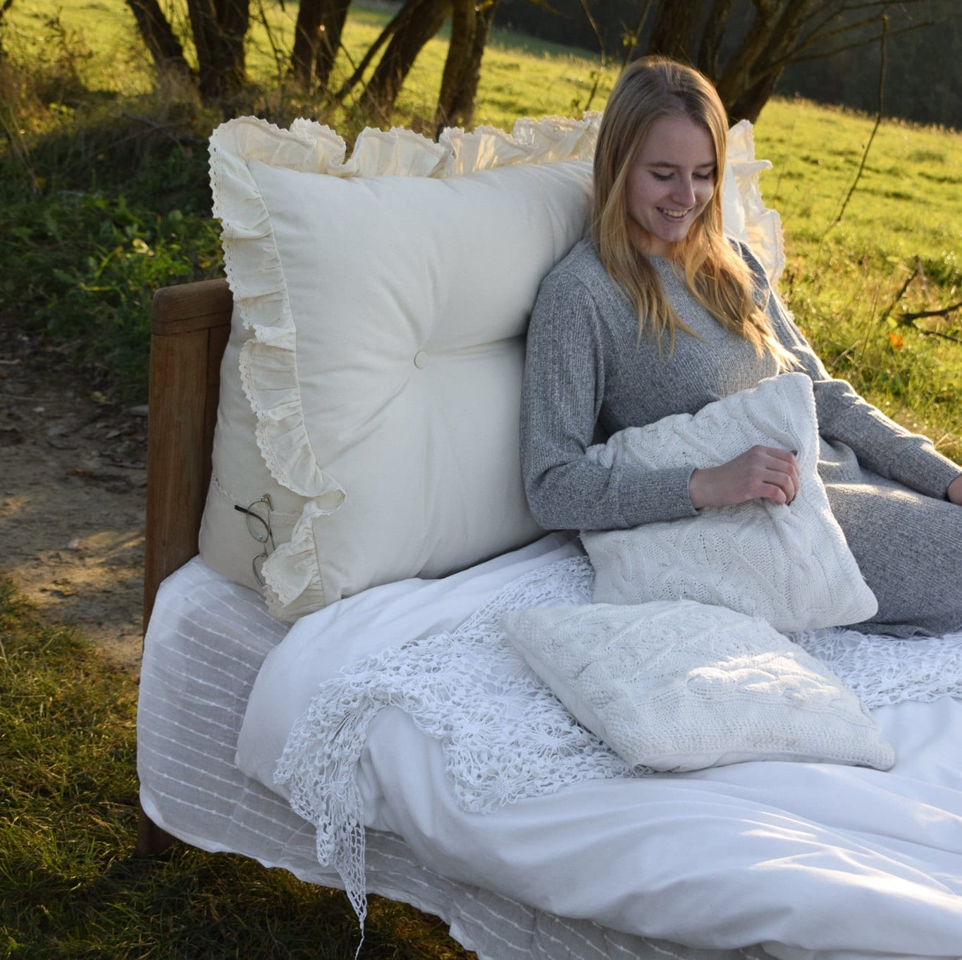 Headrest Triangle Pillow With Frill | Cotton Linen Long Backrest