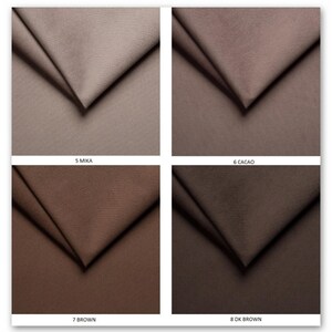 May include: Four fabric swatches in different shades of brown. The swatches are labeled "5 Mika", "6 Cacao", "7 Brown", and "8 DK Brown".