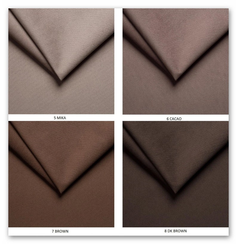 May include: Four fabric swatches in different shades of brown. The swatches are labeled "5 Mika", "6 Cacao", "7 Brown", and "8 DK Brown".