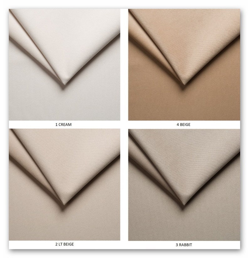 May include: Four fabric swatches in different shades of beige. The swatches are labeled 1 Cream, 2 Lt Beige, 3 Rabbit, and 4 Beige.