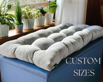 Custom Size Thick Cushion for Bench with ties | Linen Look  Custom Bench Cushion |  Window cushion |  Window Seat