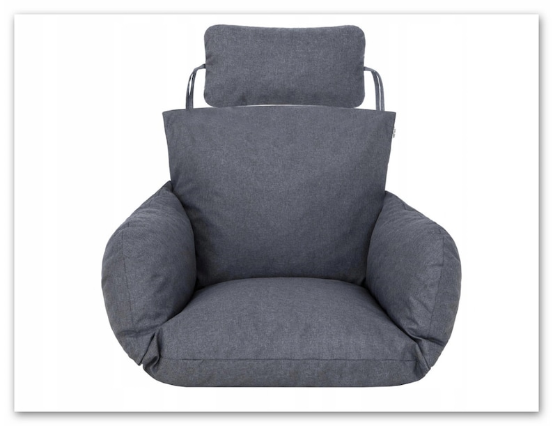 May include: Grey chair cushion with a matching headrest. The cushion has a thick, padded seat and back, and the headrest is attached to the back of the cushion with two straps.