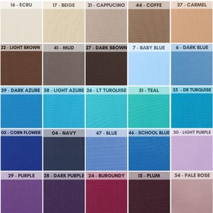 May include: A color chart with 20 different fabric swatches. The swatches are arranged in a grid of 5 rows and 4 columns. Each swatch is labeled with a number and a color name. The colors include beige, brown, blue, purple, and pink.