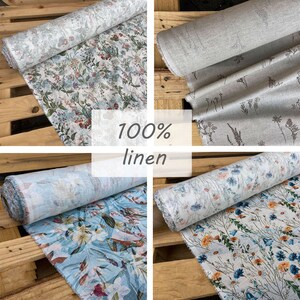 Natural linen FABRIC, floral patterns,  fabric by the meter, pure linen fabric, 125g/m2, widith 150 cm, natural Fabric By Meter / Half Meter