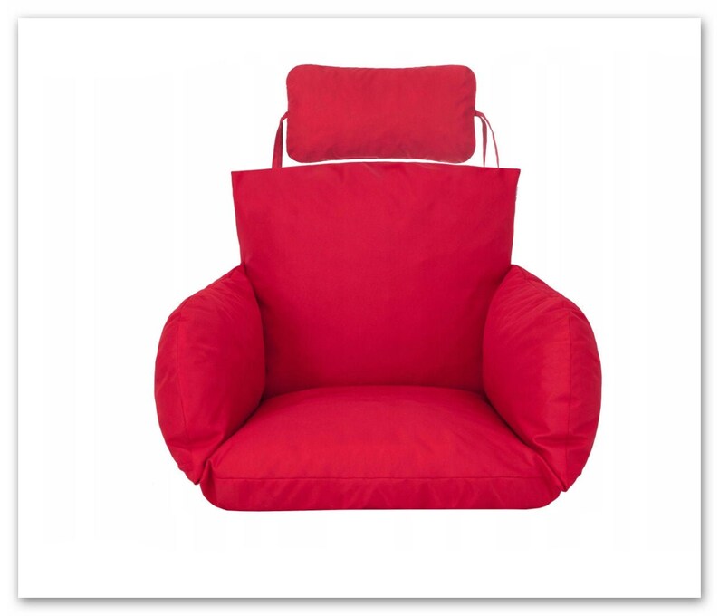 May include: Red chair cushion with a matching red back cushion. The cushion has a thick, padded seat and armrests.